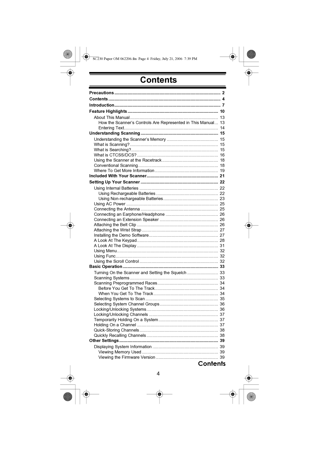 Uniden USC230 owner manual Contents 