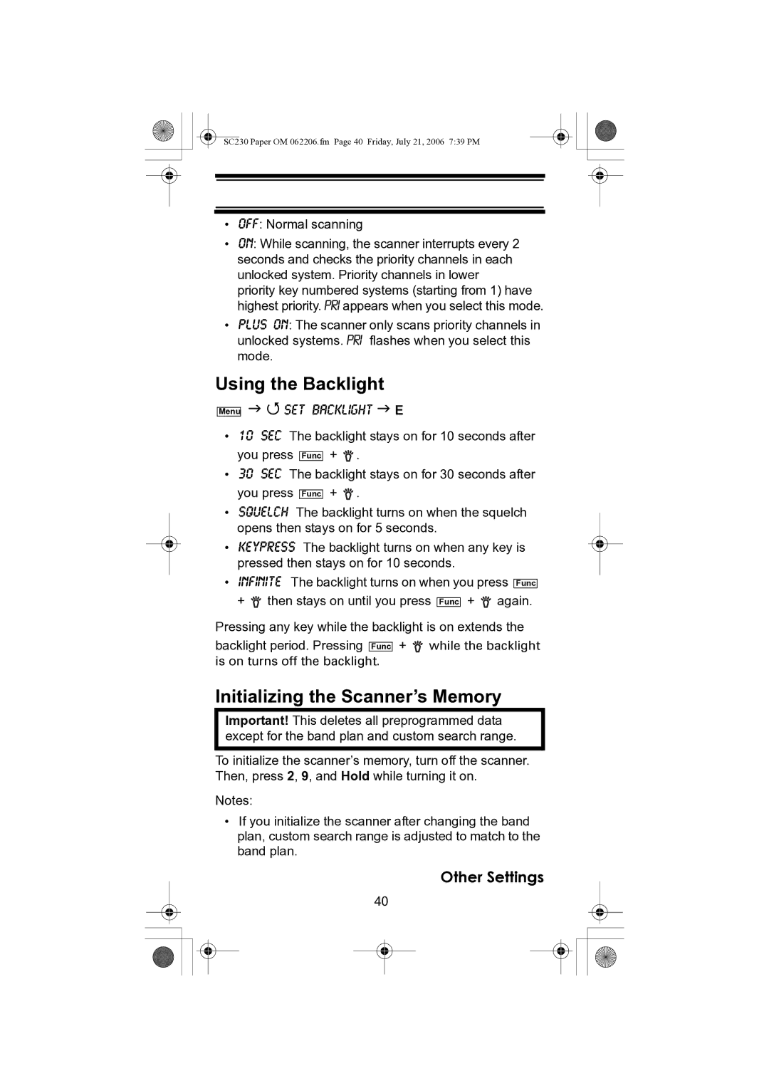 Uniden USC230 owner manual Using the Backlight, Initializing the Scanner’s Memory 