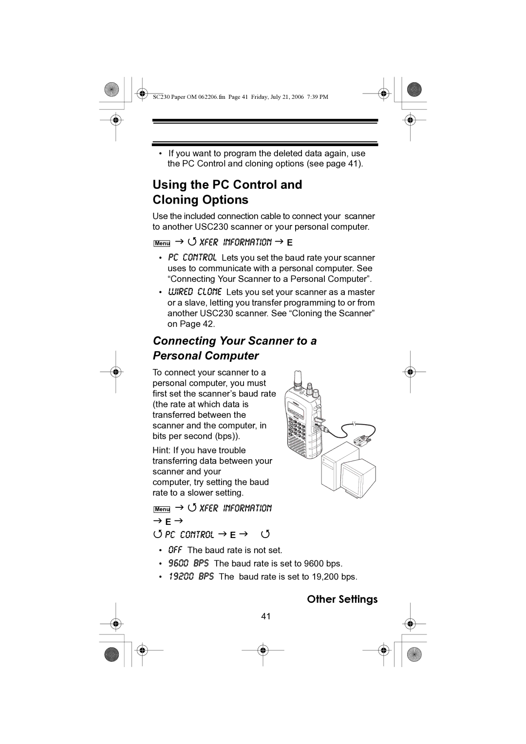 Uniden USC230 owner manual Using the PC Control Cloning Options, Connecting Your Scanner to a Personal Computer 