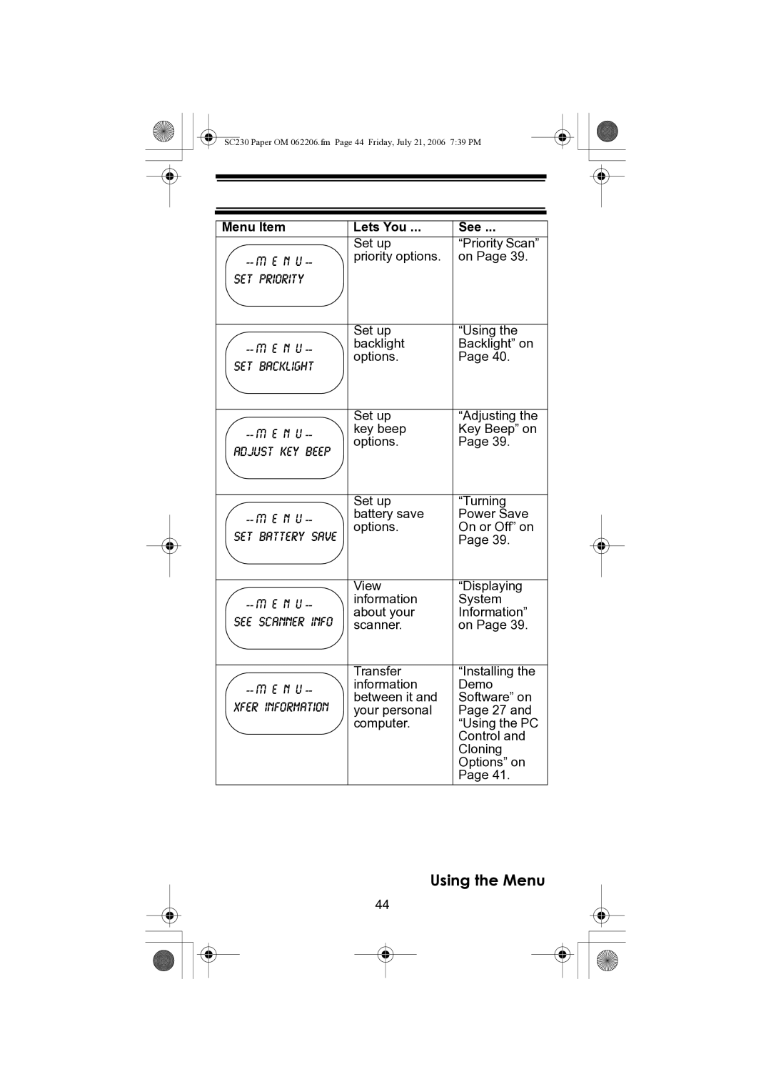 Uniden USC230 owner manual Set up Priority Scan 