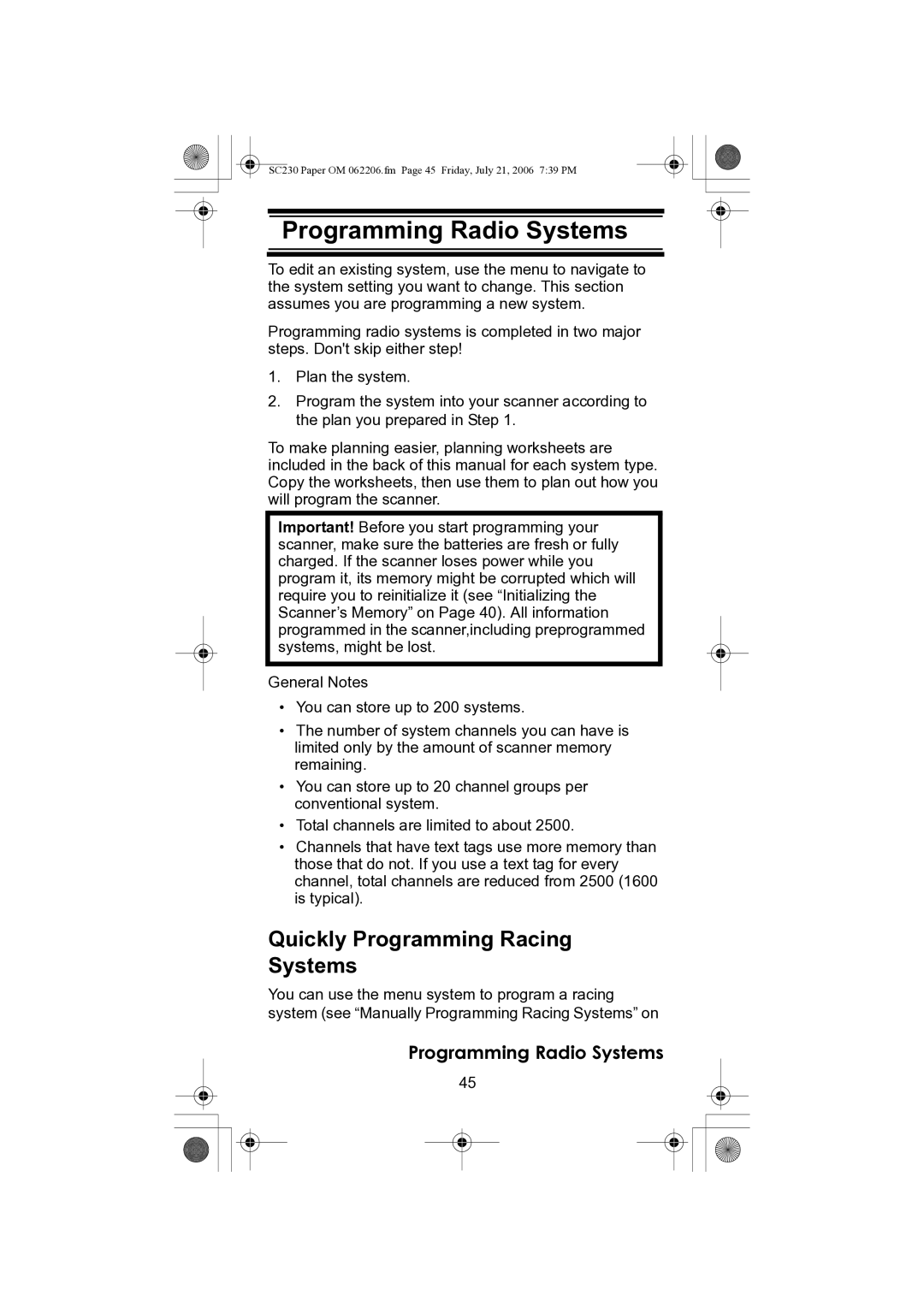 Uniden USC230 owner manual Programming Radio Systems, Quickly Programming Racing Systems 