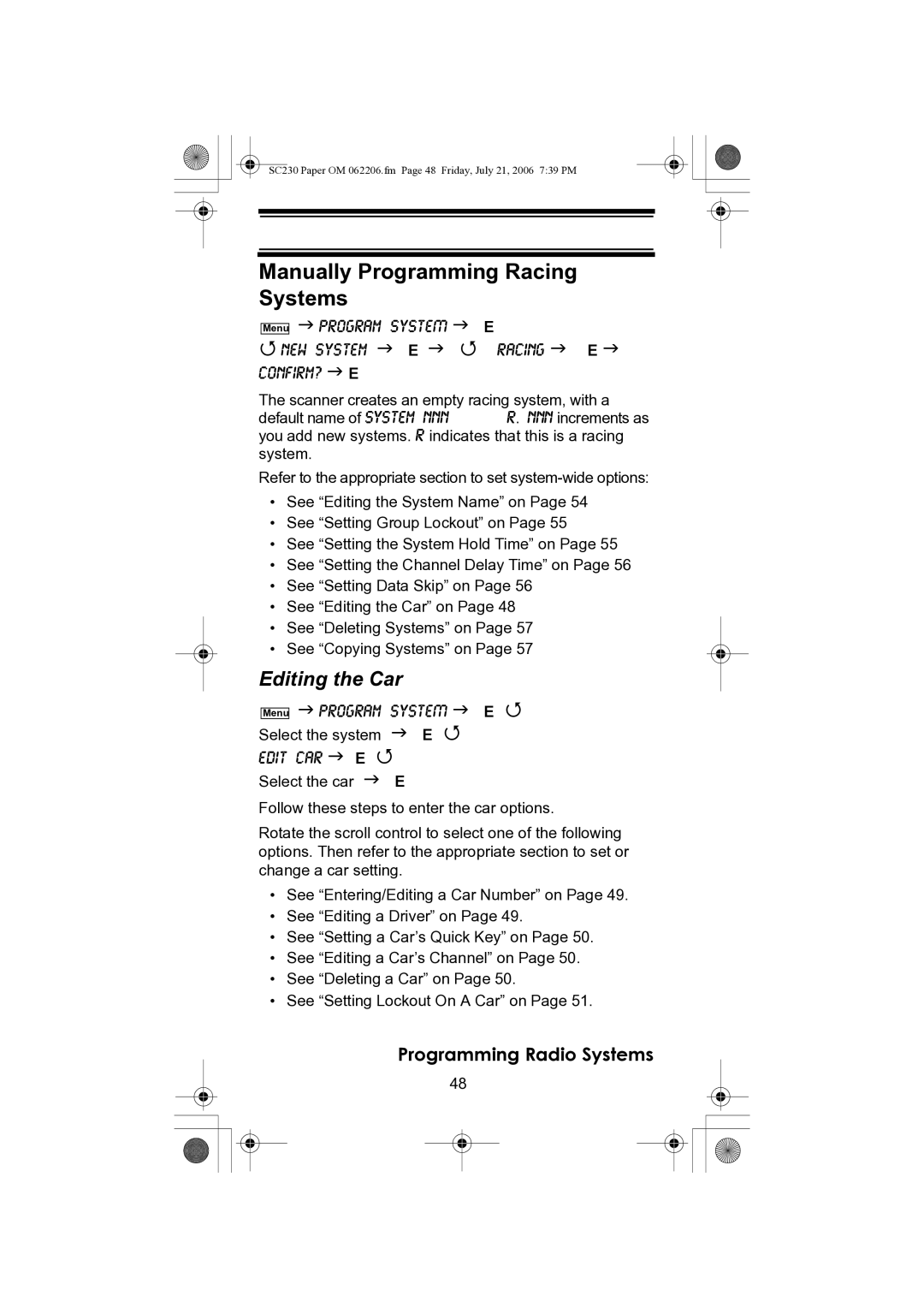 Uniden USC230 owner manual Manually Programming Racing Systems, Editing the Car 