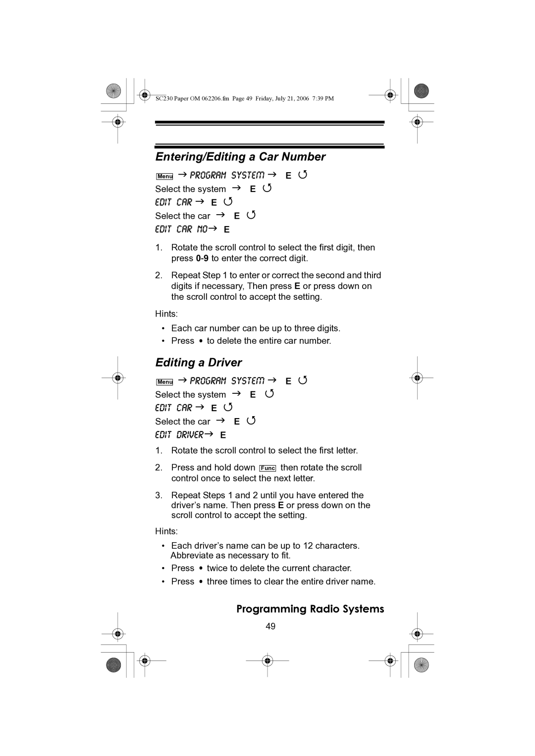 Uniden USC230 owner manual Entering/Editing a Car Number, Editing a Driver 