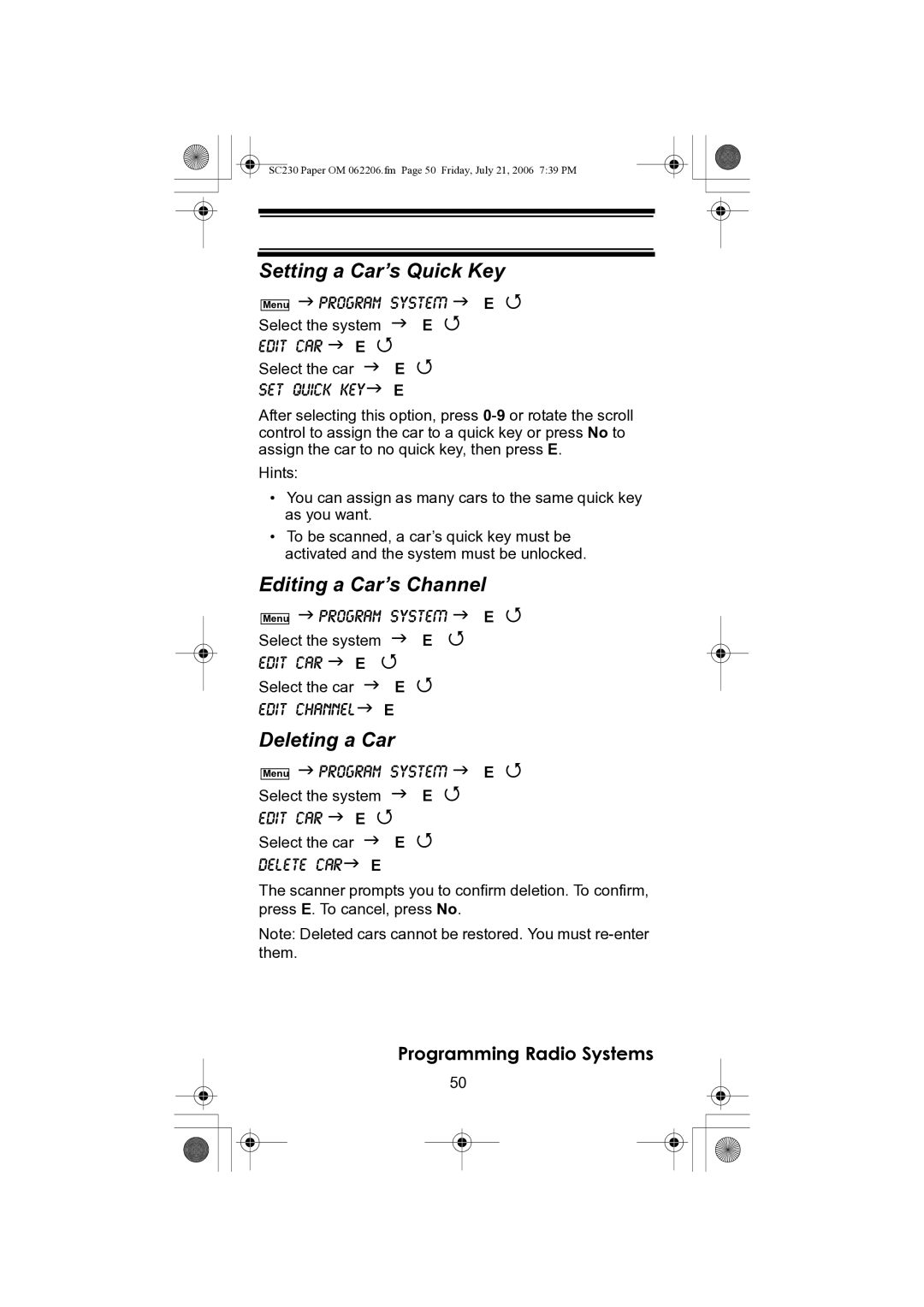 Uniden USC230 owner manual Setting a Car’s Quick Key, Editing a Car’s Channel, Deleting a Car 