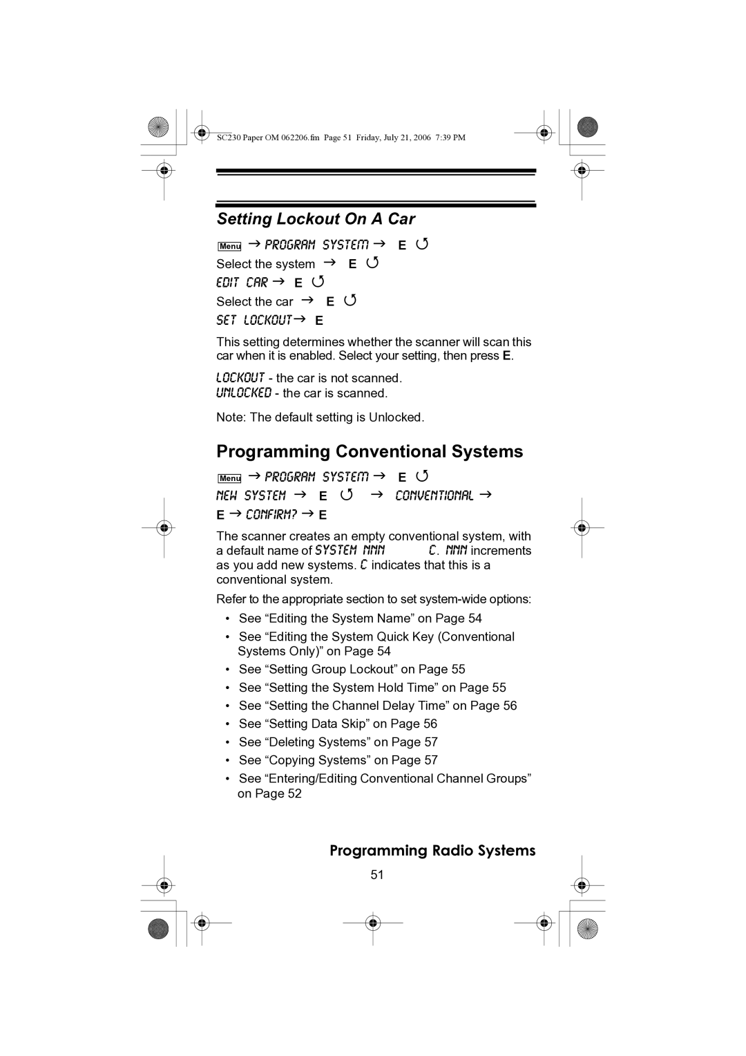 Uniden USC230 owner manual Programming Conventional Systems, Setting Lockout On a Car 