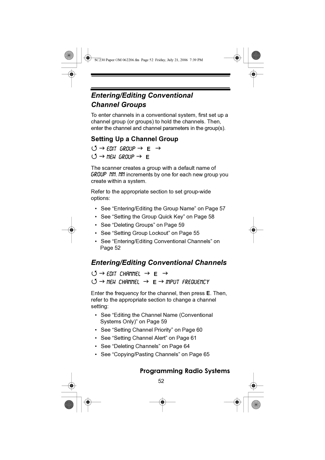 Uniden USC230 owner manual Entering/Editing Conventional Channel Groups, Entering/Editing Conventional Channels 