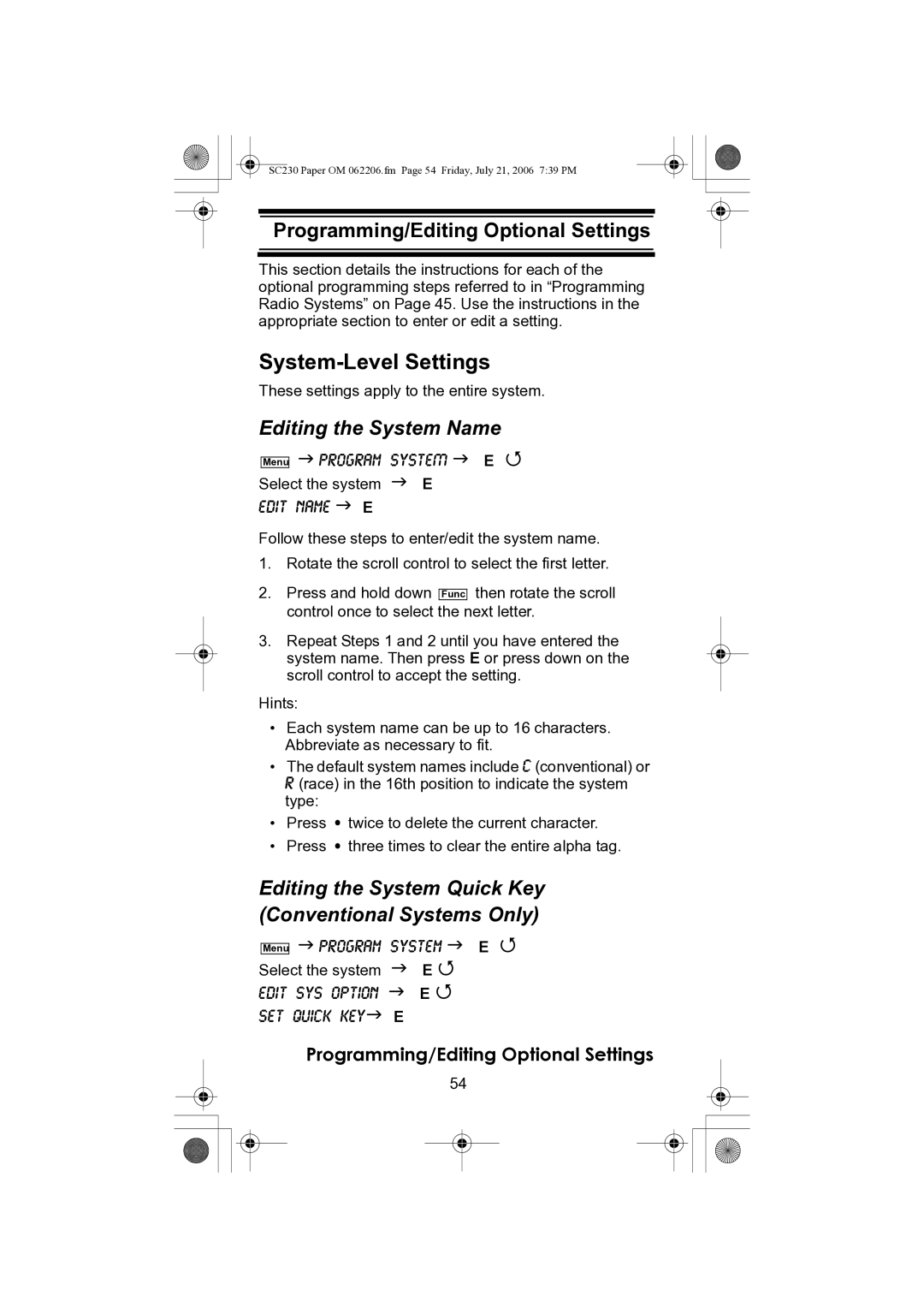 Uniden USC230 System-Level Settings, Editing the System Name, Editing the System Quick Key Conventional Systems Only 