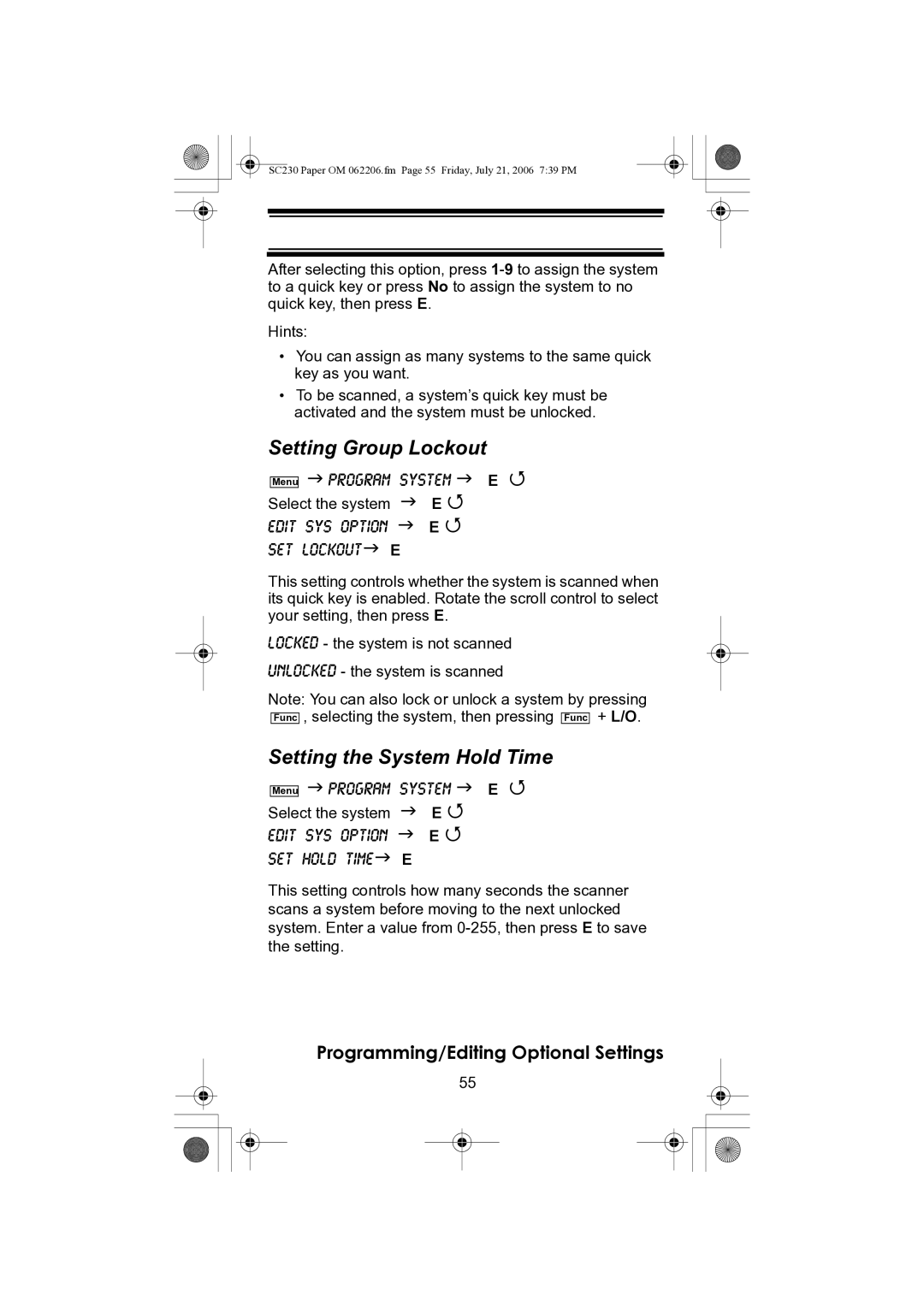 Uniden USC230 owner manual Setting Group Lockout, Setting the System Hold Time 