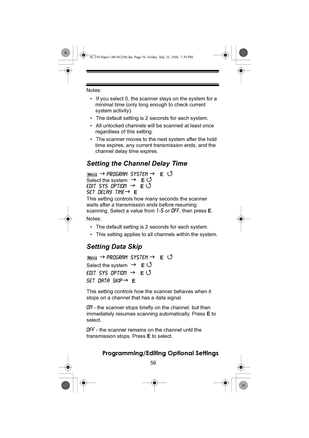 Uniden USC230 owner manual Setting the Channel Delay Time, Setting Data Skip 