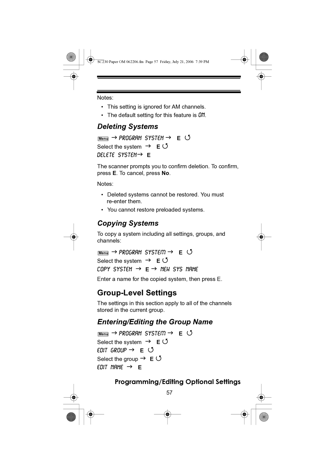 Uniden USC230 owner manual Group-Level Settings, Deleting Systems, Copying Systems, Entering/Editing the Group Name 