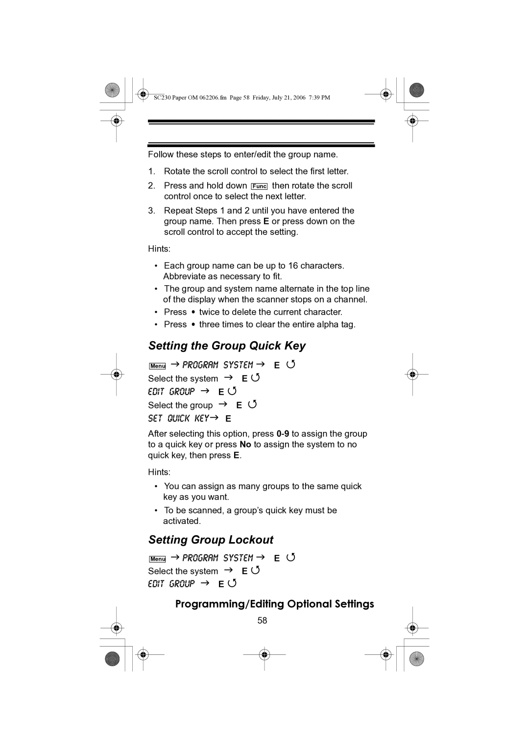 Uniden USC230 owner manual Setting the Group Quick Key, Edit Group Select the group Set Quick Key 