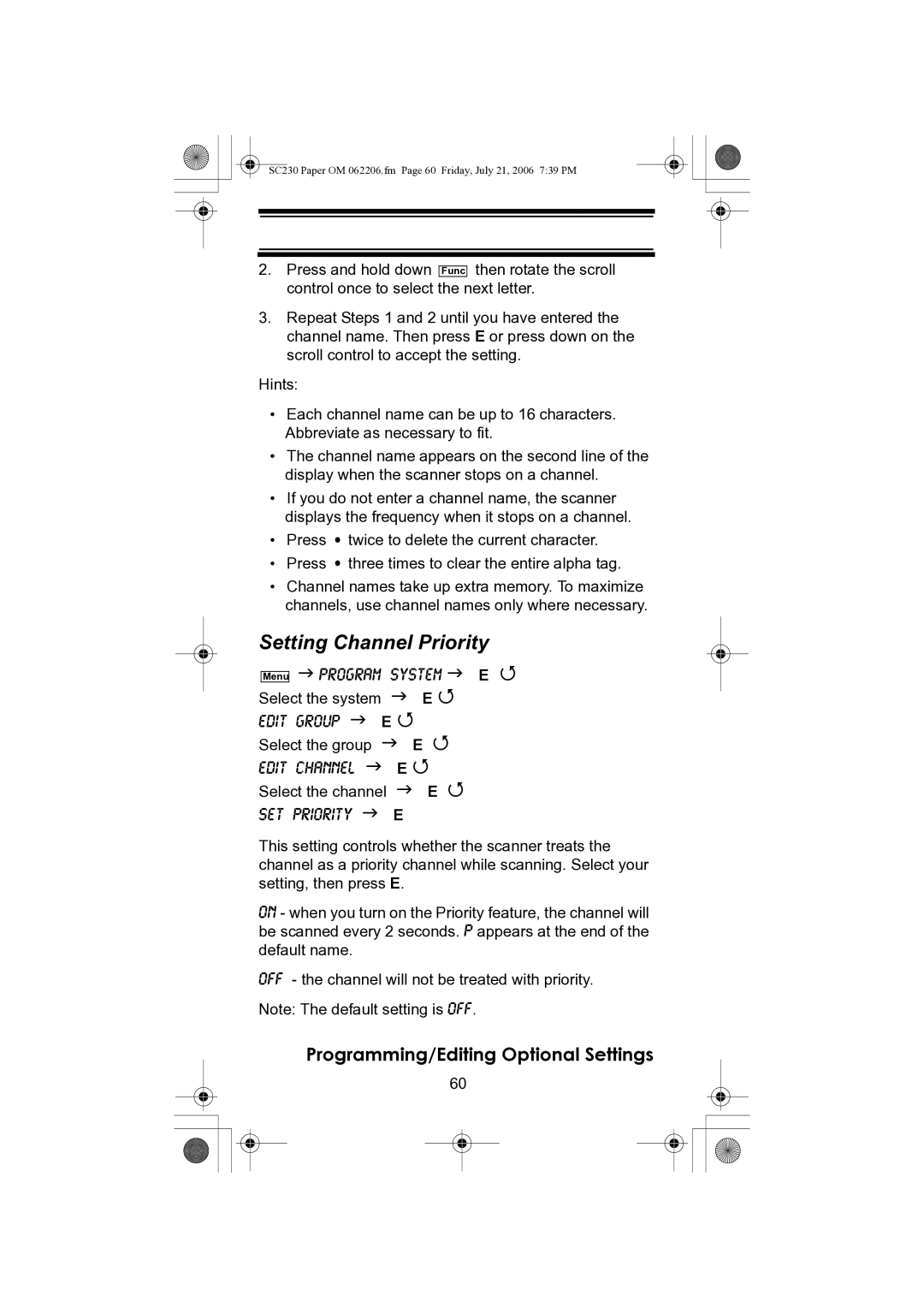 Uniden USC230 owner manual Setting Channel Priority 