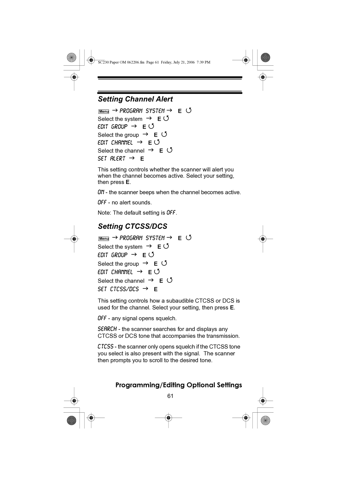 Uniden USC230 owner manual Setting Channel Alert, Setting CTCSS/DCS 