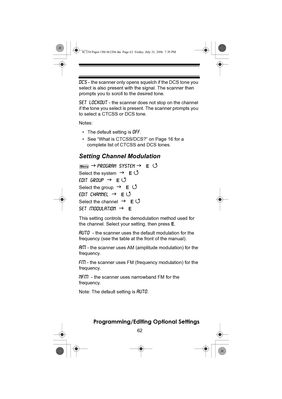 Uniden USC230 owner manual Setting Channel Modulation 