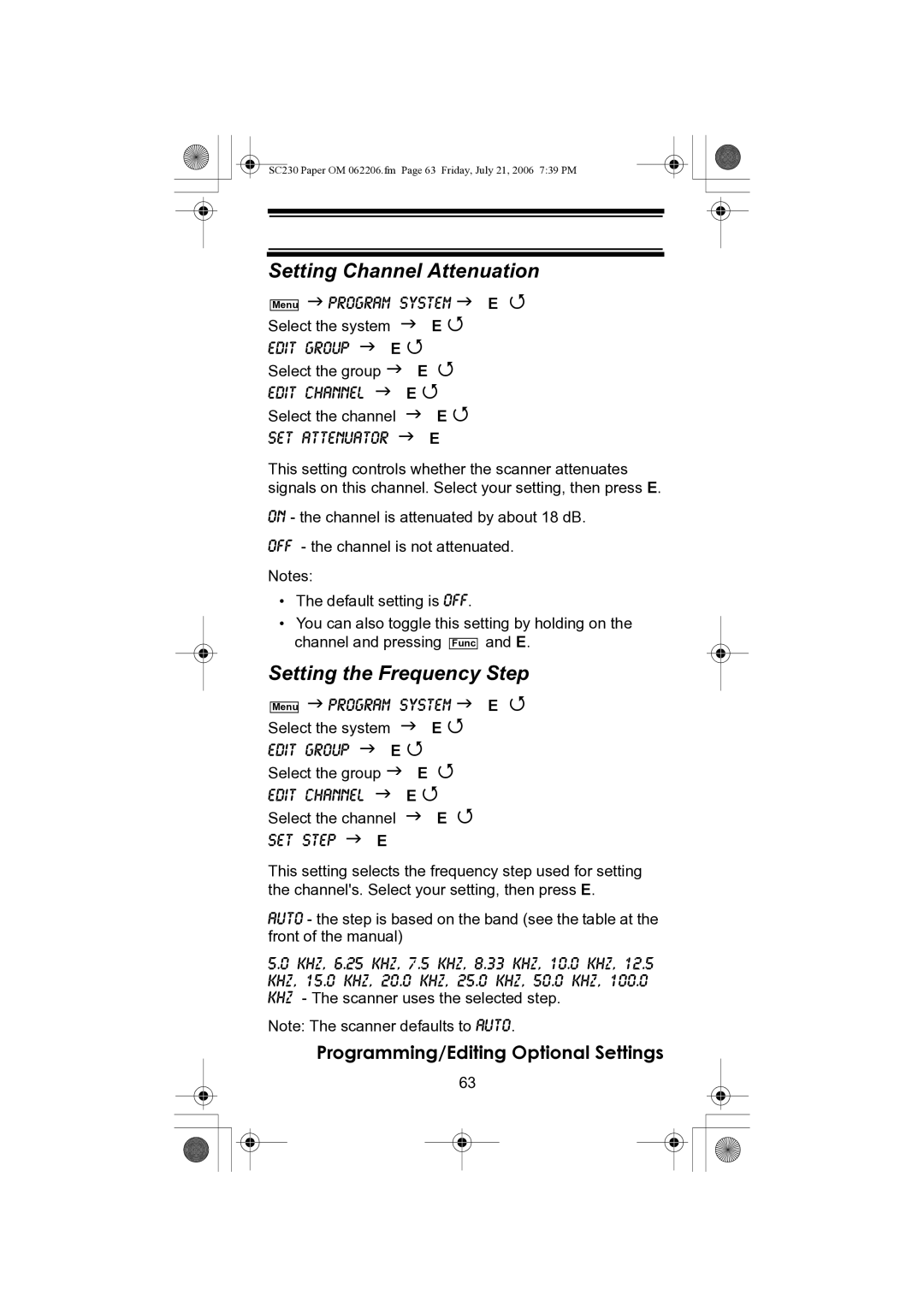 Uniden USC230 owner manual Setting Channel Attenuation, Setting the Frequency Step 