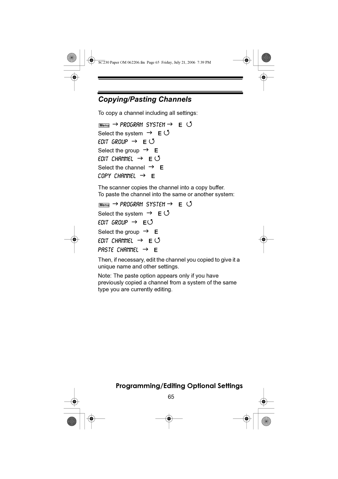 Uniden USC230 owner manual Copying/Pasting Channels 