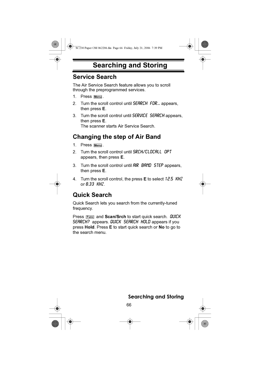 Uniden USC230 owner manual Searching and Storing, Service Search, Changing the step of Air Band, Quick Search 