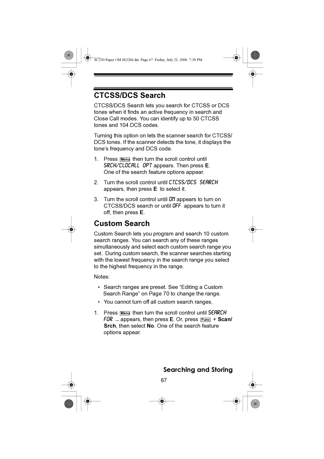 Uniden USC230 owner manual CTCSS/DCS Search, Custom Search 