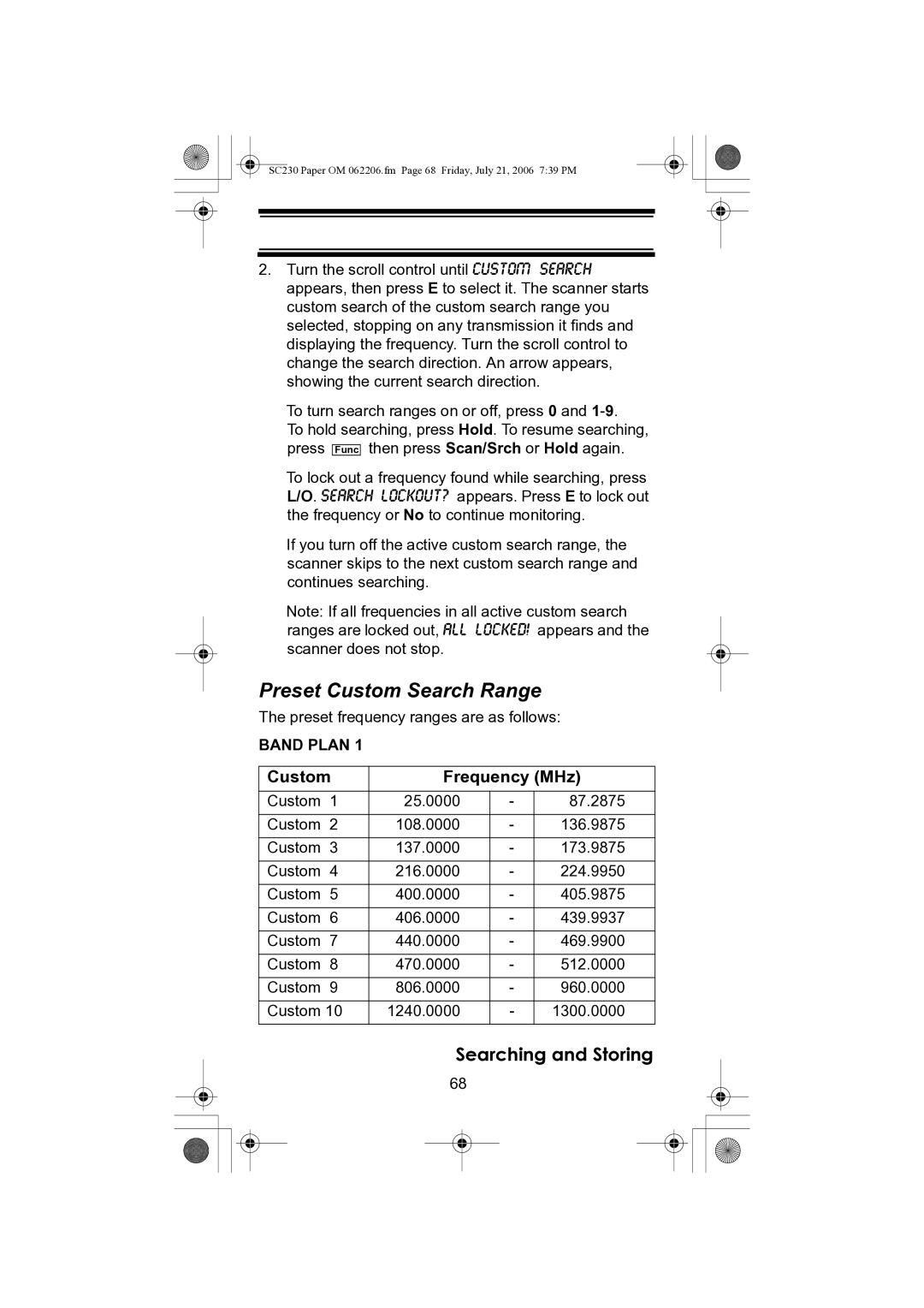 Uniden USC230 owner manual Preset Custom Search Range, Custom Frequency MHz 