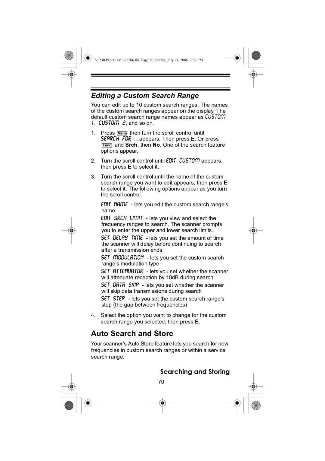 Uniden USC230 owner manual Auto Search and Store, Editing a Custom Search Range 