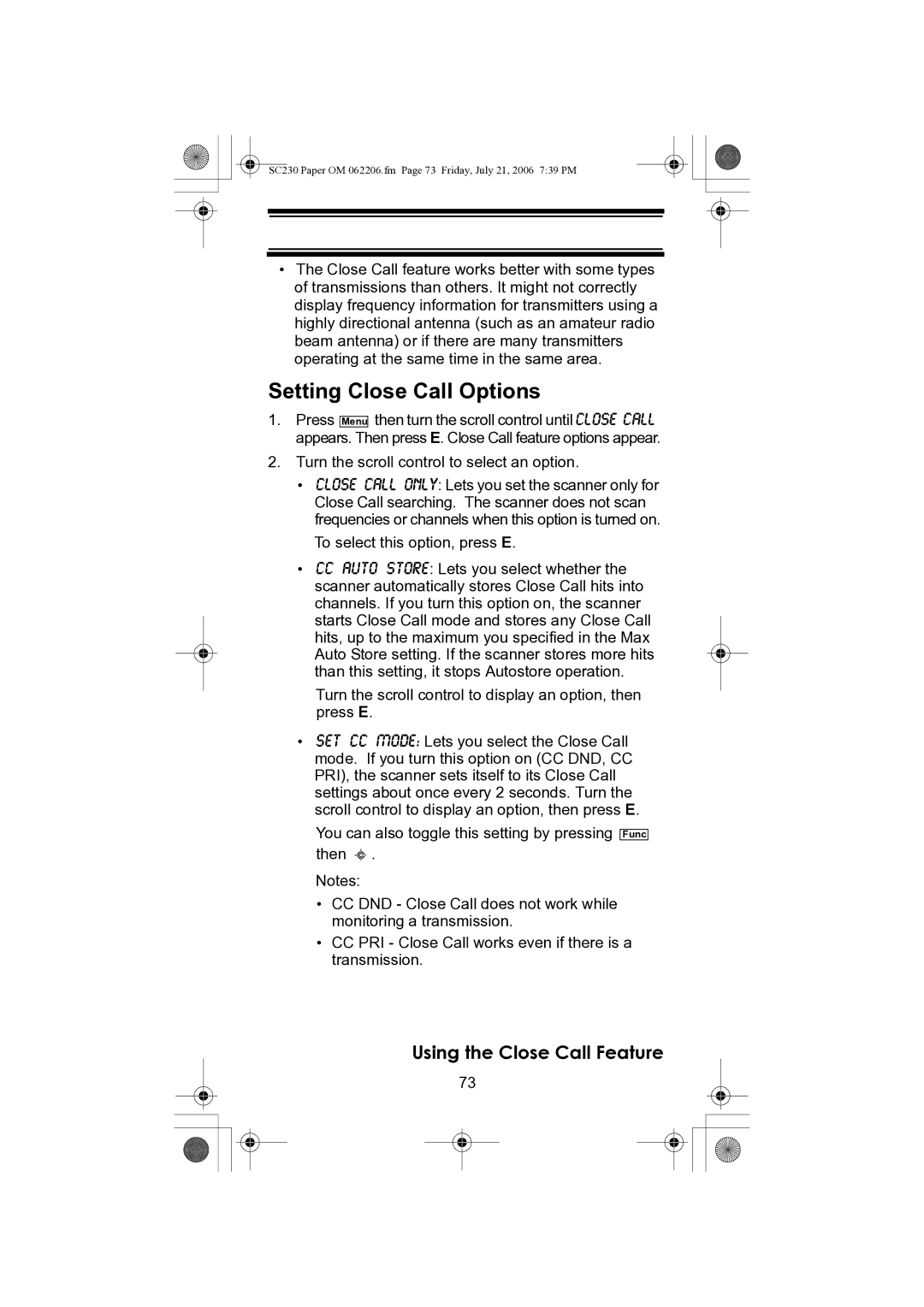 Uniden USC230 owner manual Setting Close Call Options, Turn the scroll control to select an option 