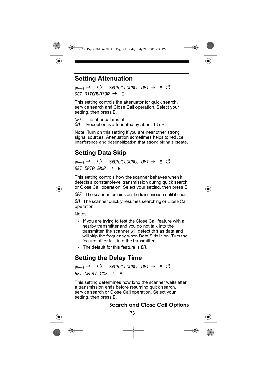 Uniden USC230 owner manual Setting Attenuation, Setting Data Skip, Setting the Delay Time 