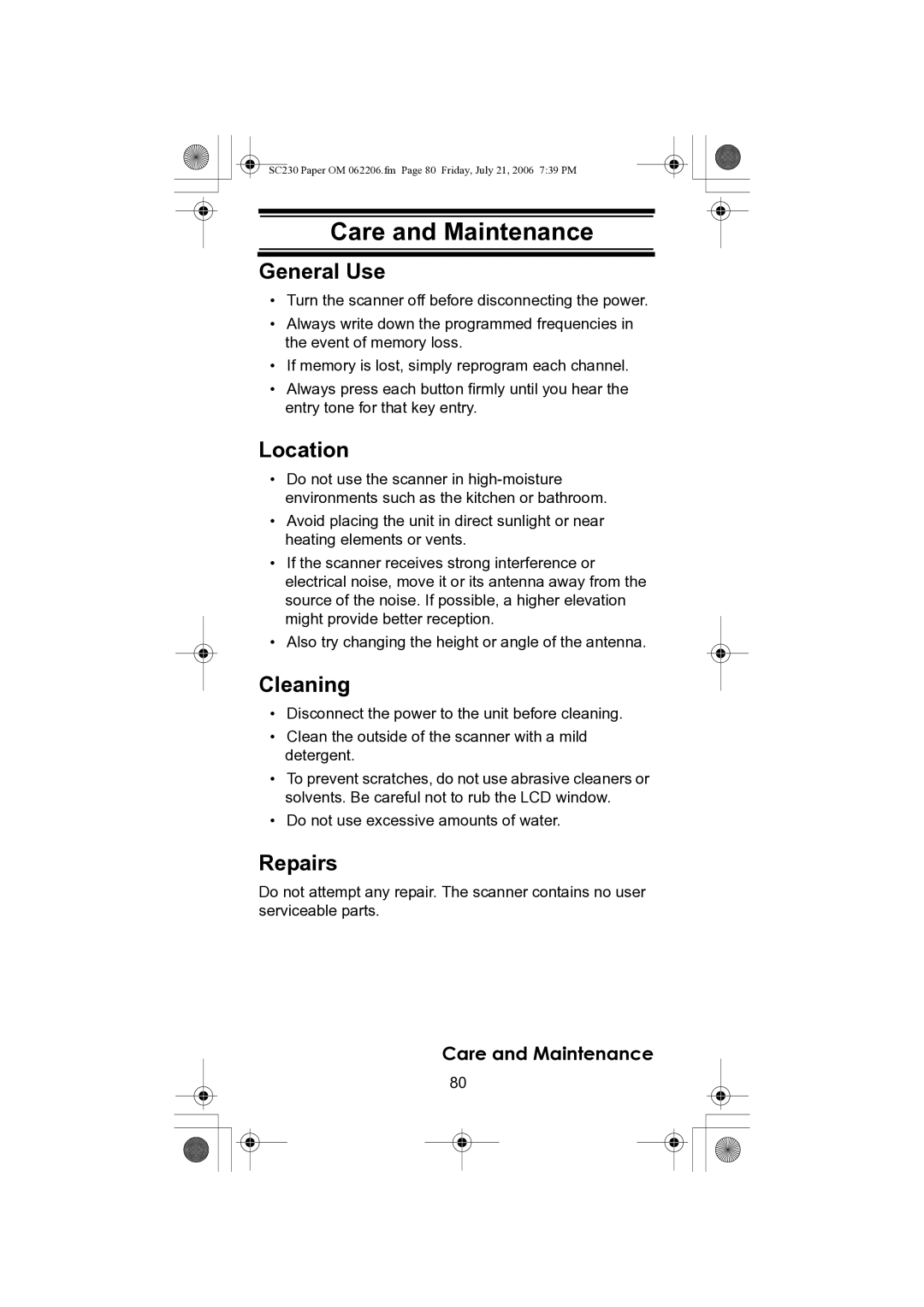 Uniden USC230 owner manual Care and Maintenance, General Use, Location, Cleaning, Repairs 