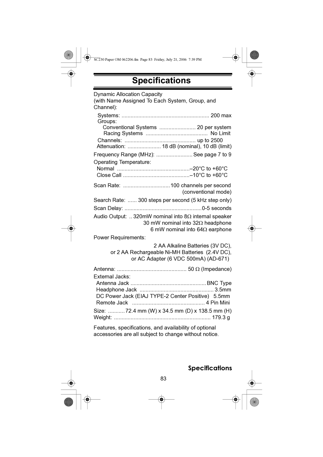 Uniden USC230 owner manual Specifications 