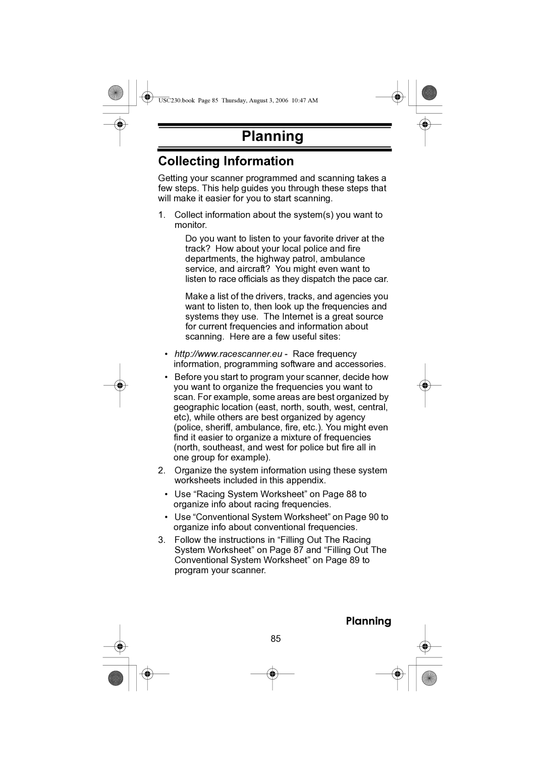 Uniden USC230 owner manual Planning, Collecting Information 