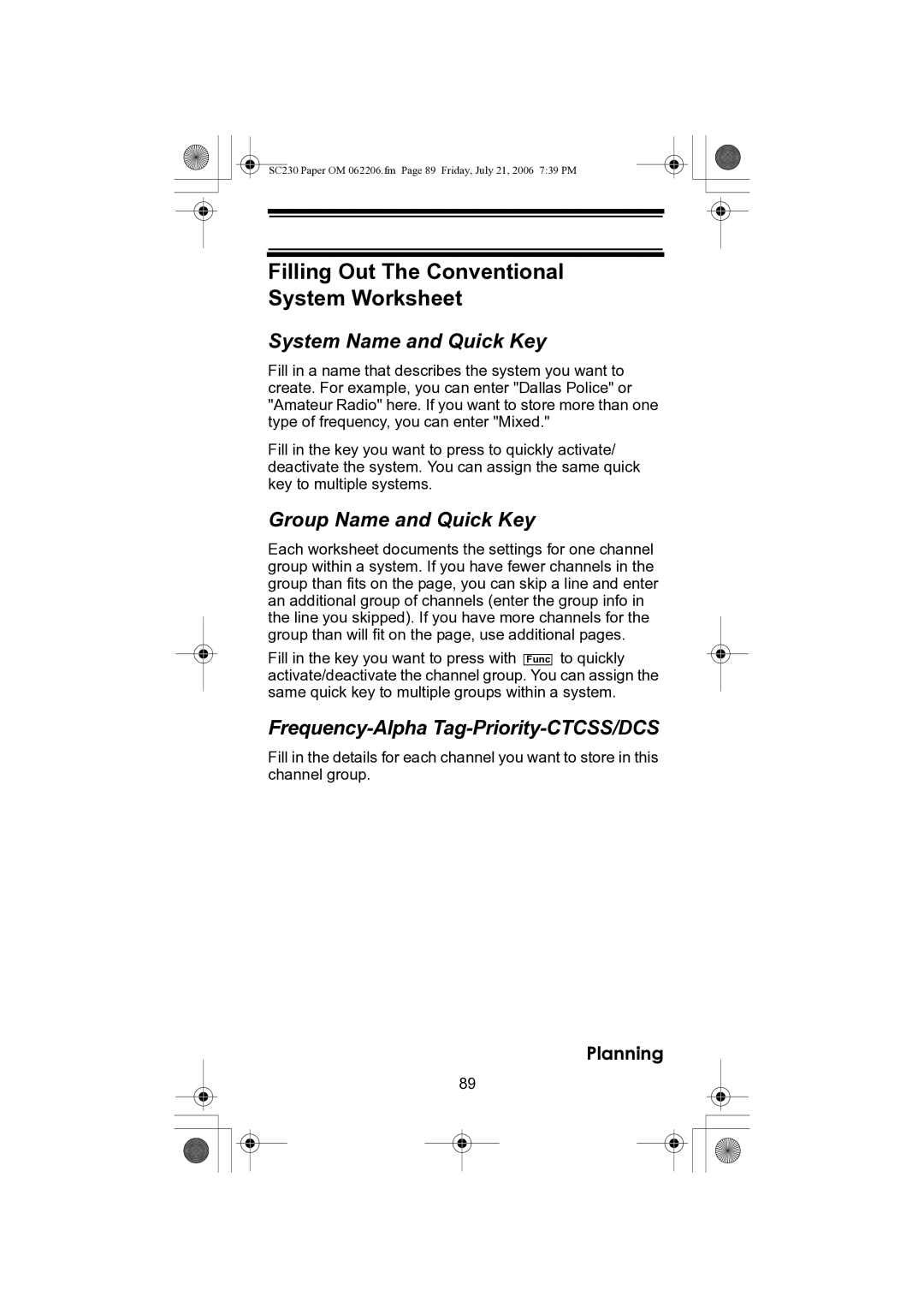 Uniden USC230 Filling Out The Conventional System Worksheet, System Name and Quick Key, Group Name and Quick Key 