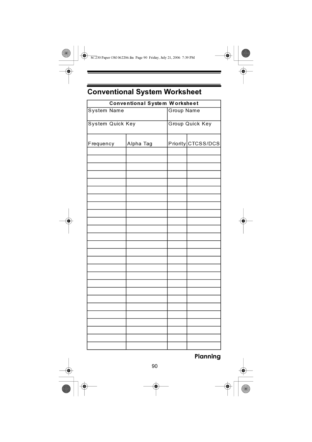 Uniden USC230 owner manual Conventional System Worksheet, Conventional System W orksheet 