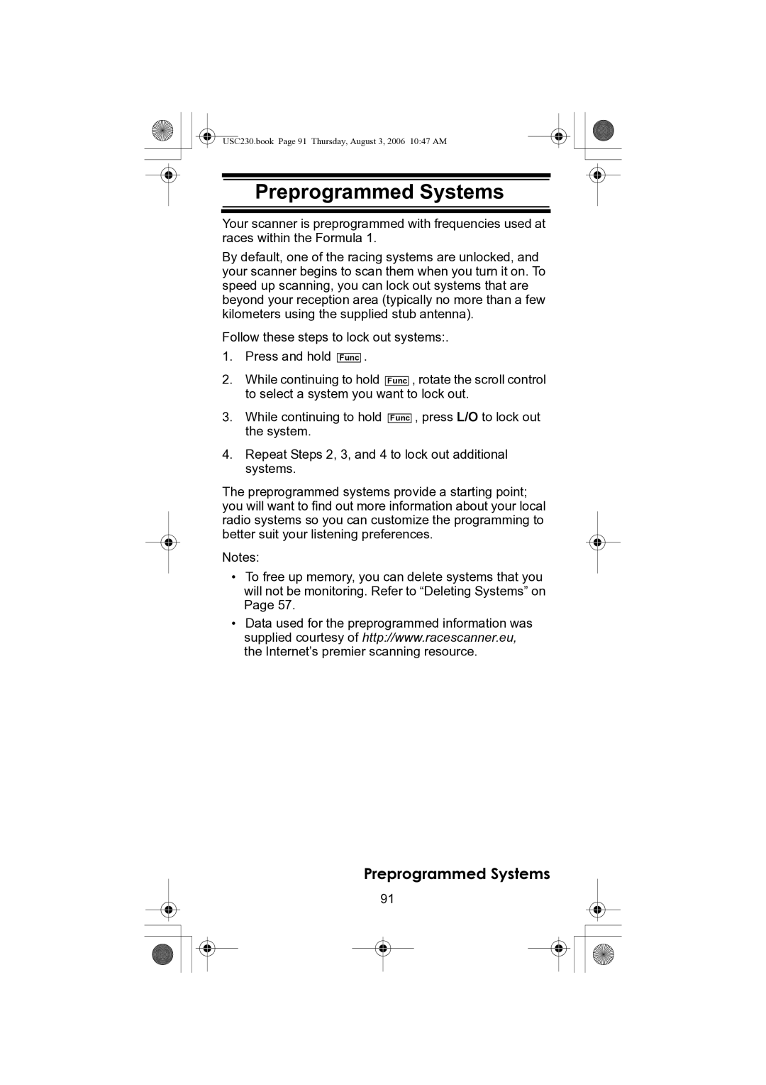 Uniden USC230 owner manual Preprogrammed Systems 