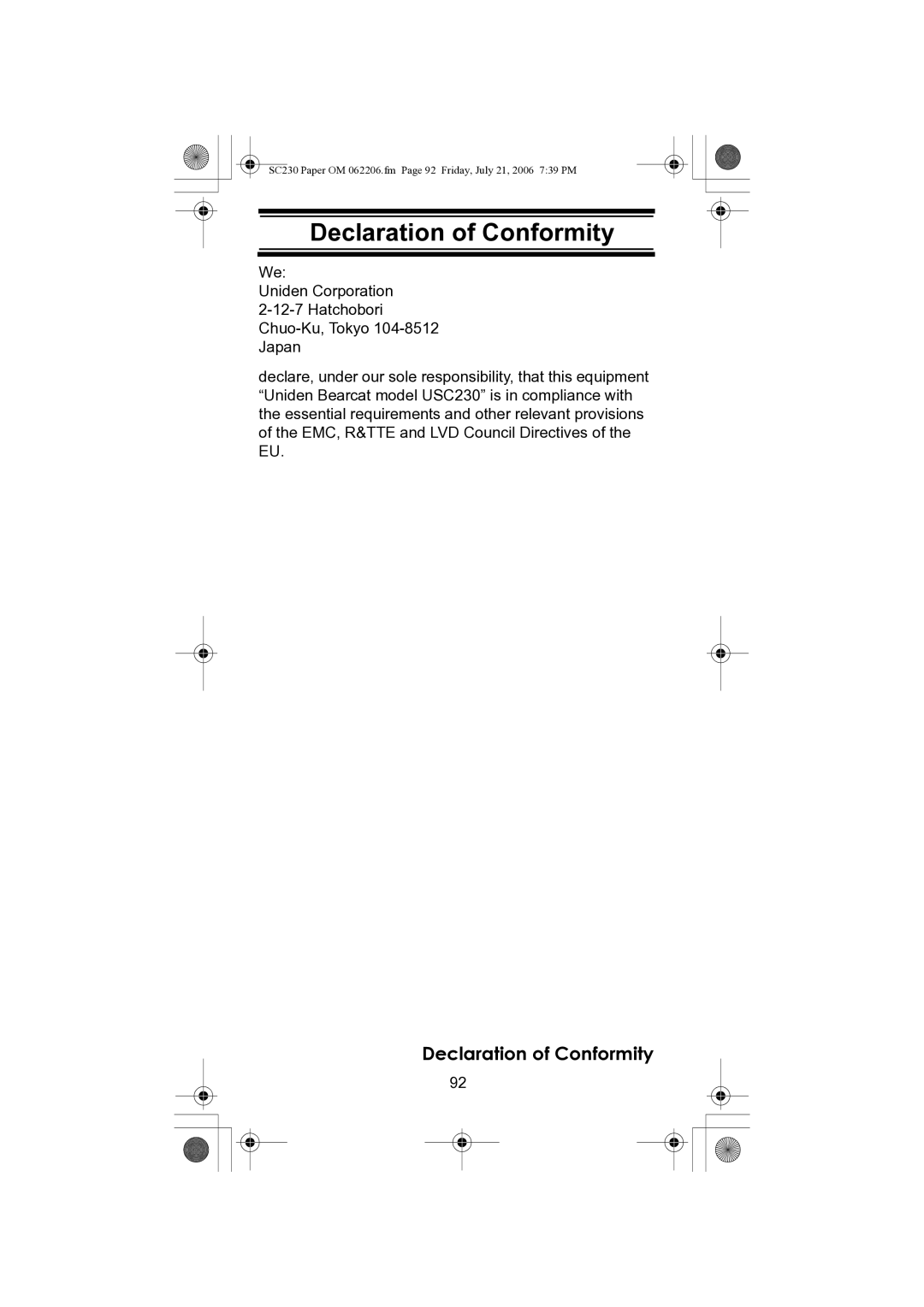 Uniden USC230 owner manual Declaration of Conformity 