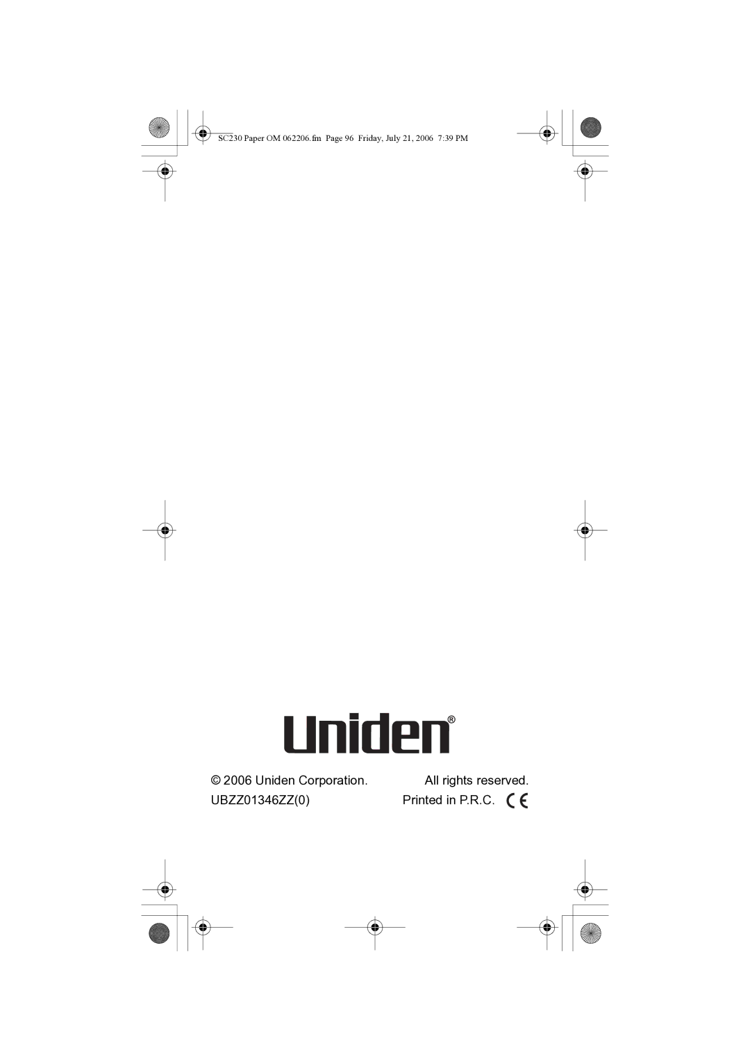 Uniden USC230 owner manual Uniden Corporation All rights reserved UBZZ01346ZZ0 