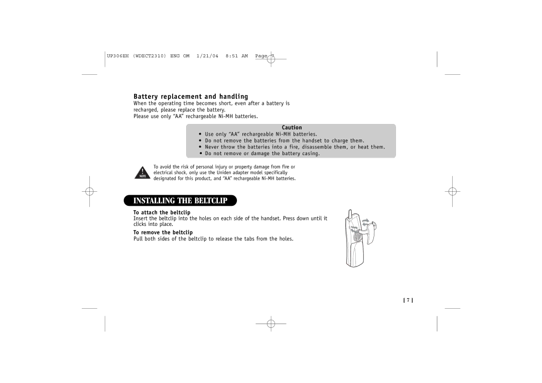 Uniden WDECT 2310 quick start Installing the Beltclip, Battery replacement and handling 