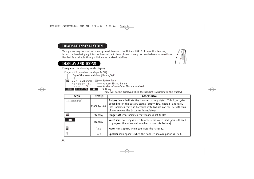 Uniden WDECT 2310 quick start Headset Installation, Display and Icons, N 1 2 0 0 a 