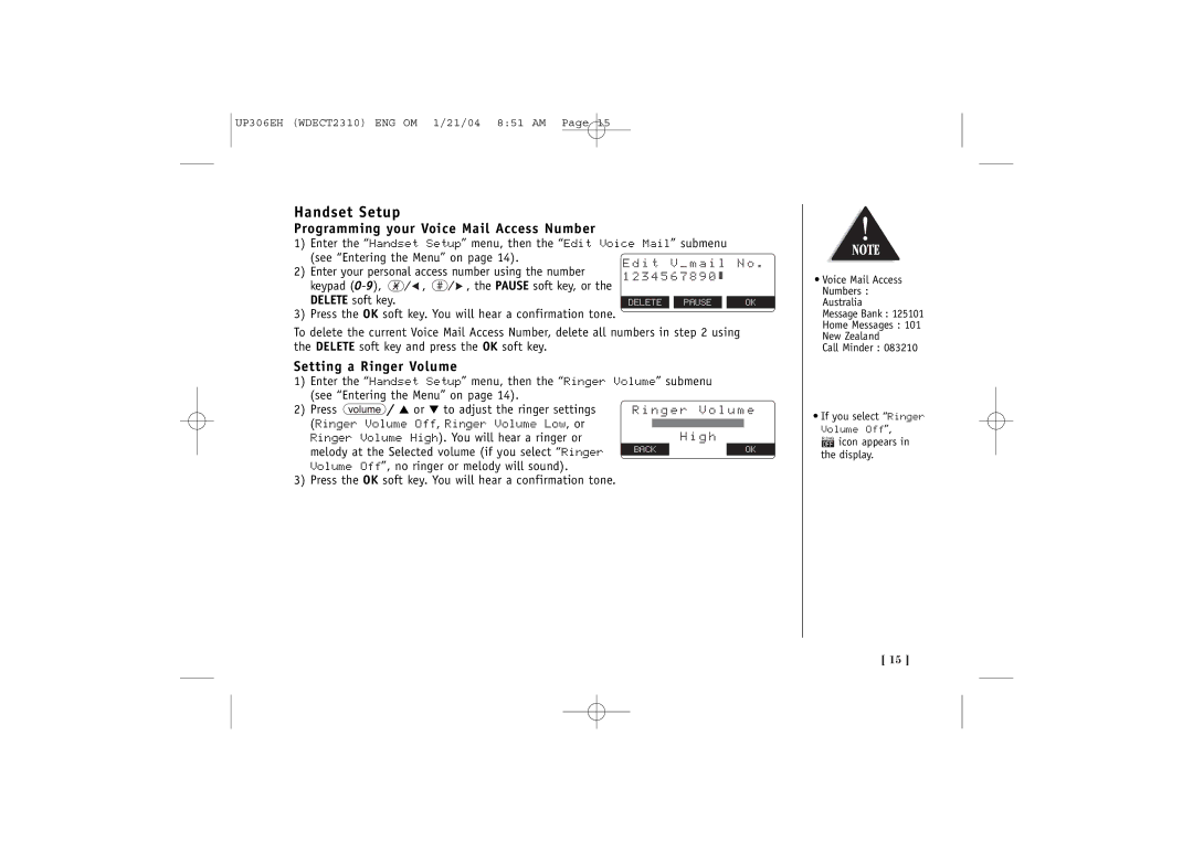 Uniden WDECT 2310 quick start Handset Setup, Programming your Voice Mail Access Number, Setting a Ringer Volume 