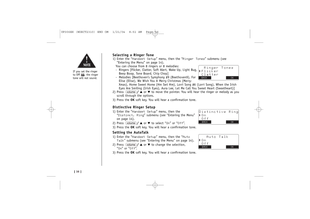 Uniden WDECT 2310 quick start Selecting a Ringer Tone, Distinctive Ringer Setup, Setting the AutoTalk 