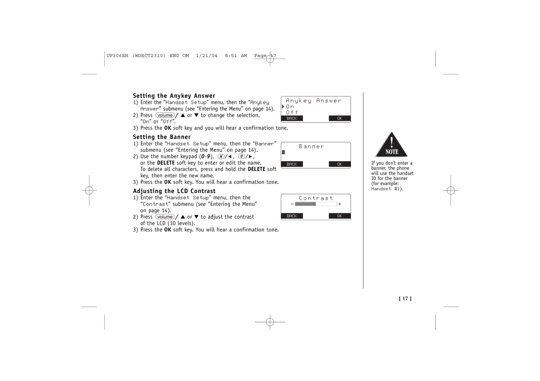 Uniden WDECT 2310 quick start Setting the Anykey Answer, Setting the Banner, Adjusting the LCD Contrast 