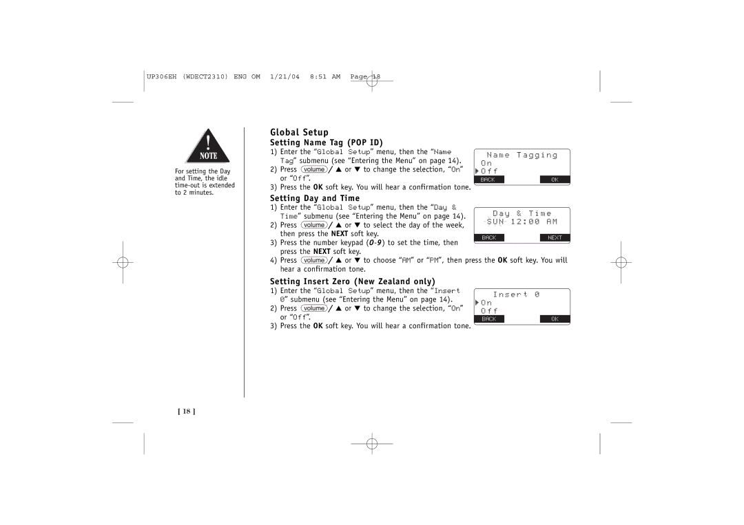 Uniden WDECT 2310 Global Setup, Setting Name Tag POP ID, Setting Day and Time, Setting Insert Zero New Zealand only 