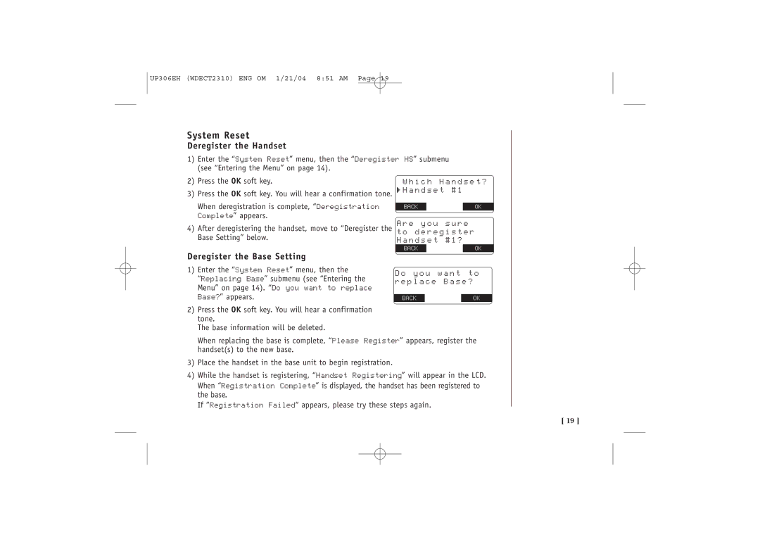 Uniden WDECT 2310 quick start System Reset, Deregister the Handset, Deregister the Base Setting 