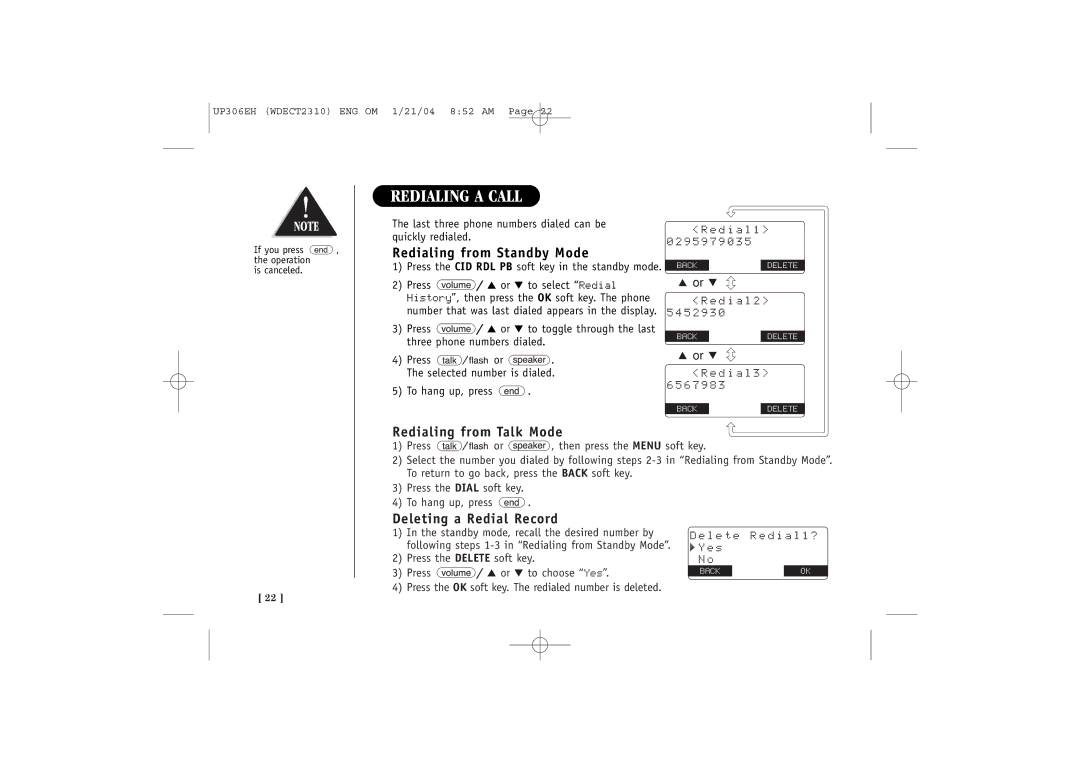 Uniden WDECT 2310 Redialing a Call, Redialing from Standby Mode, Redialing from Talk Mode, Deleting a Redial Record 