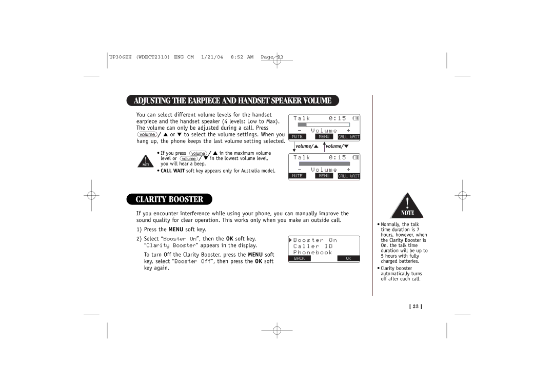 Uniden WDECT 2310 Adjusting the Earpiece and Handset Speaker Volume, Clarity Booster, L k, O s t e r L l e r O n e b o o k 