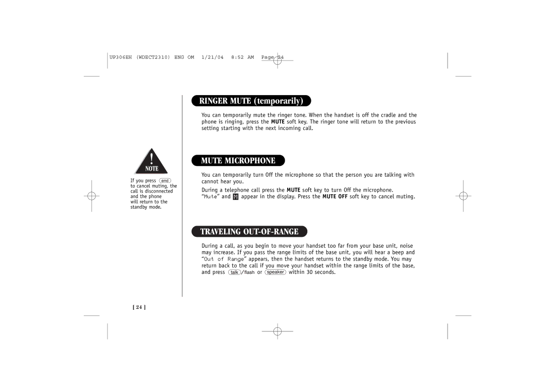 Uniden WDECT 2310 quick start Mute Microphone, Traveling OUT-OF-RANGE, Press or within 30 seconds 