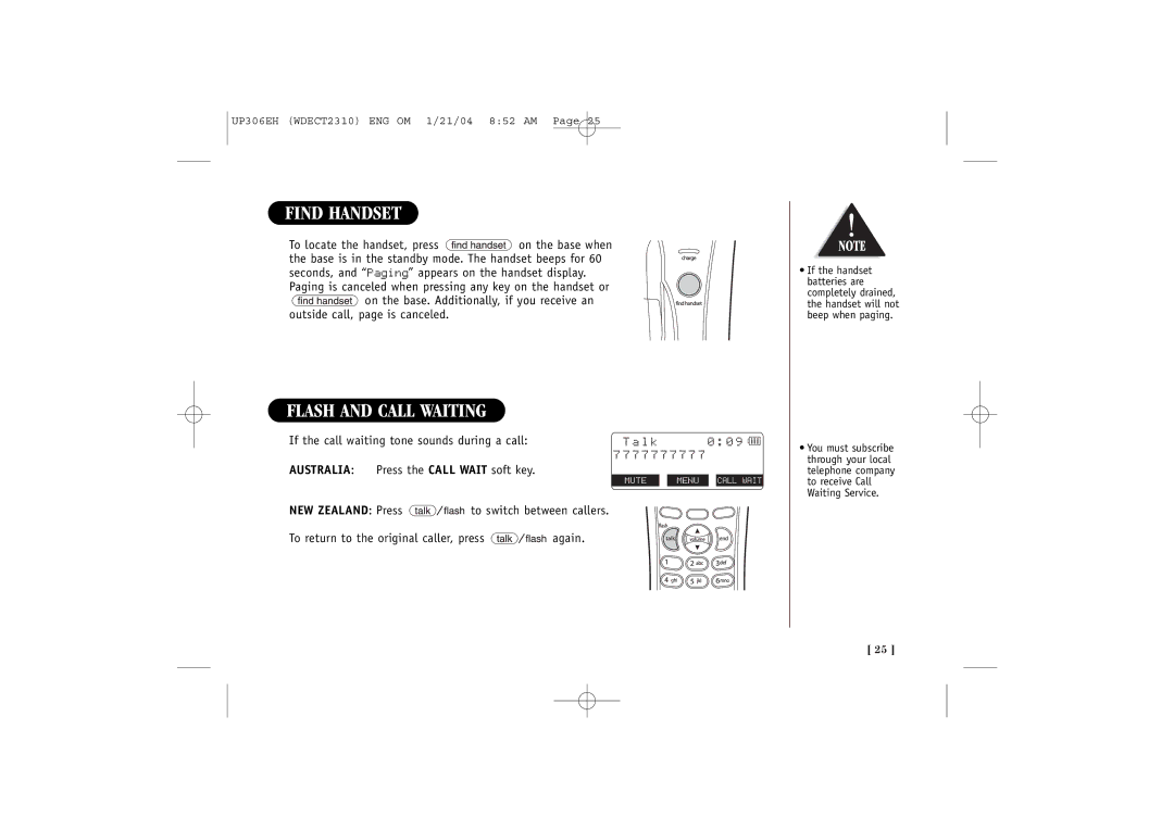 Uniden WDECT 2310 quick start Find Handset, Flash and Call Waiting, 7 7, If the call waiting tone sounds during a call 