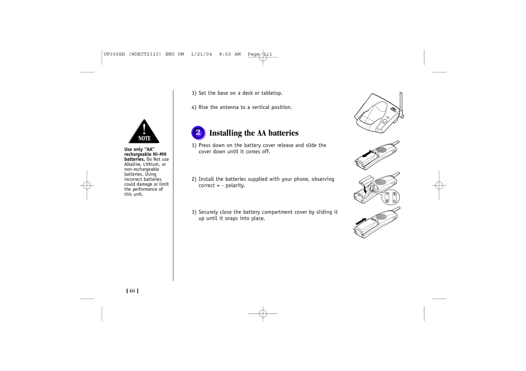 Uniden WDECT 2310 quick start Installing the AA batteries 