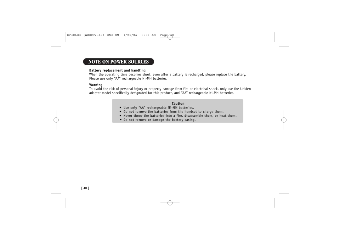 Uniden WDECT 2310 quick start Battery replacement and handling 