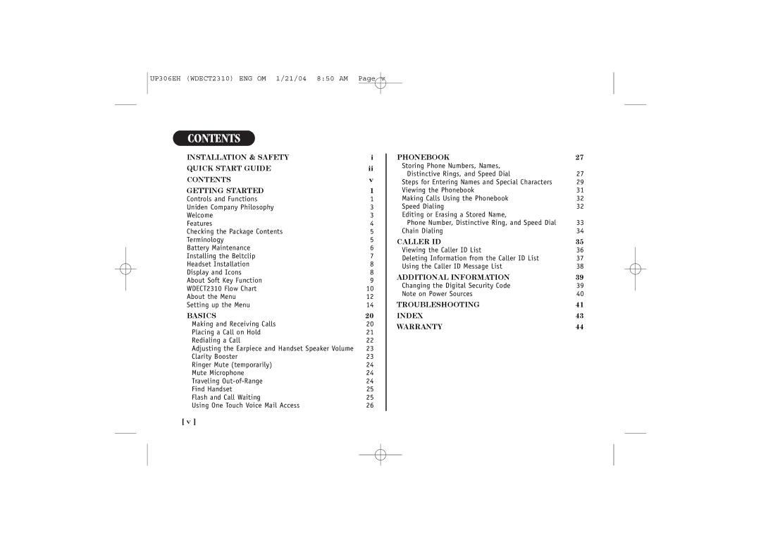 Uniden WDECT 2310 quick start Contents 