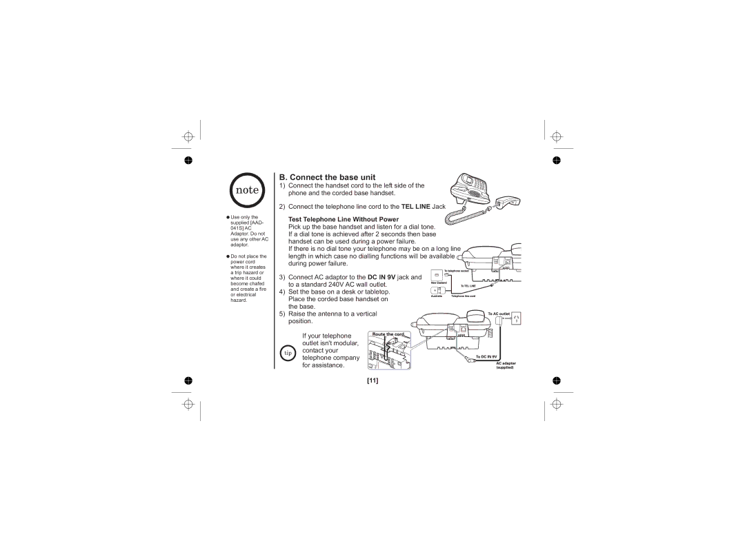 Uniden WDECT 2345+1 owner manual Connect the base unit, Test Telephone Line Without Power 