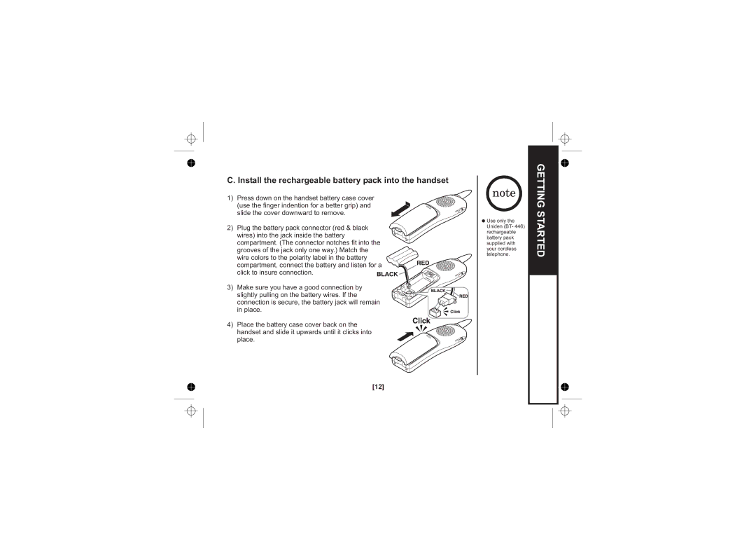 Uniden WDECT 2345+1 owner manual Install the rechargeable battery pack into the handset 